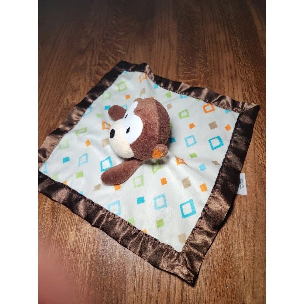Garanimals Monkey Diamond Print Baby Blanket Cream Brown Orange Aqua Satin Lovey